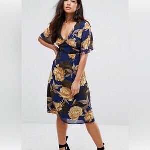 Missguided navy and yellow Floral midi dress